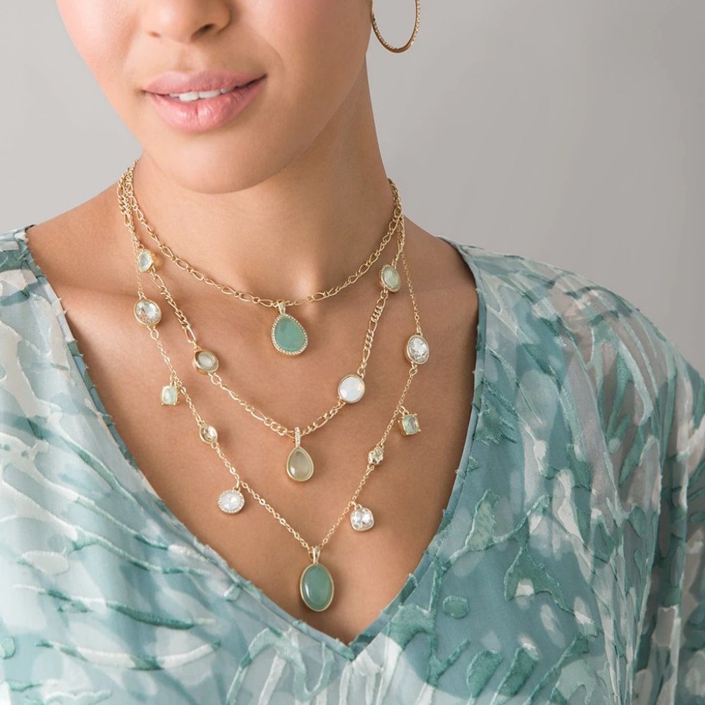 WHBM LAST ONE! Mint & Goldtone Triple Strand Necklace Aqua Color GORGEOUS - Picture 2 of 5